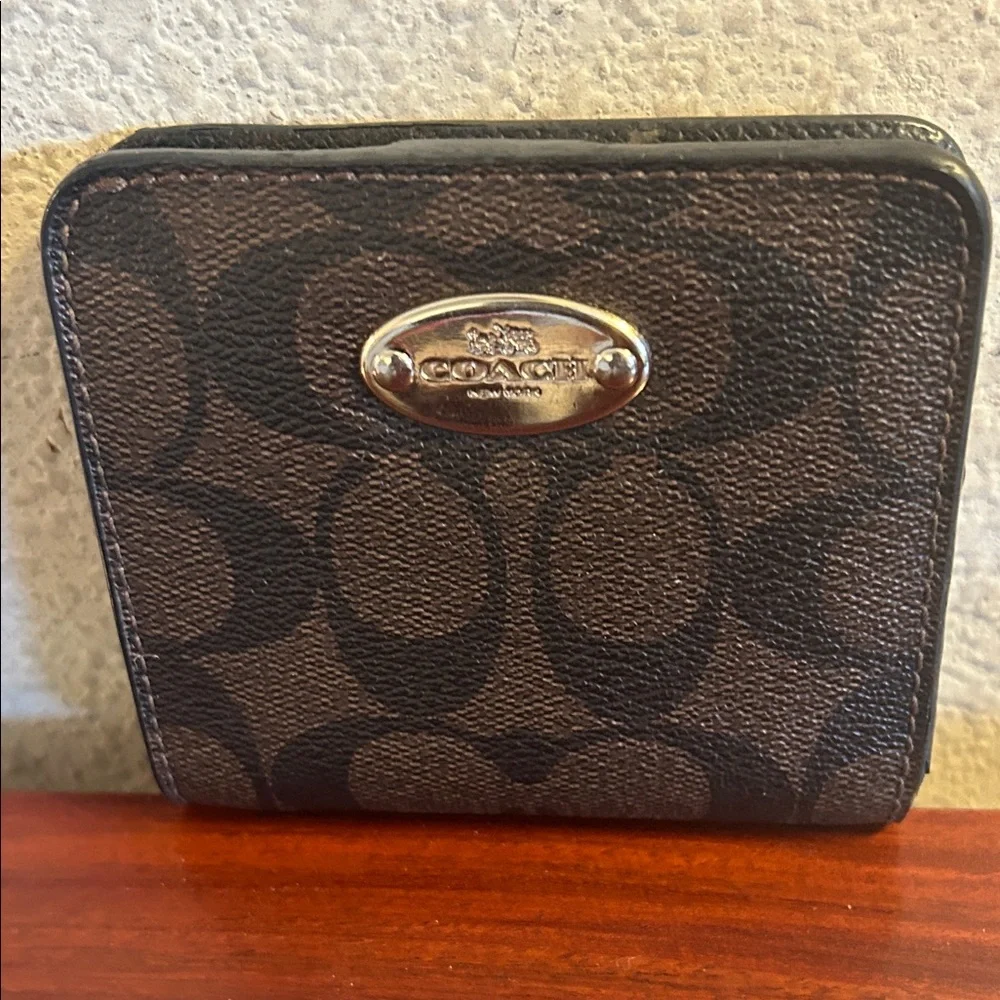 Coach Brown/Black Signature Small Wallet with Metal Plaque